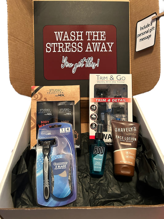 Men's Wash Away the Stress Care Package Gift Set, College Care Package, Gift for Him, body care for him, shaving, trimming,