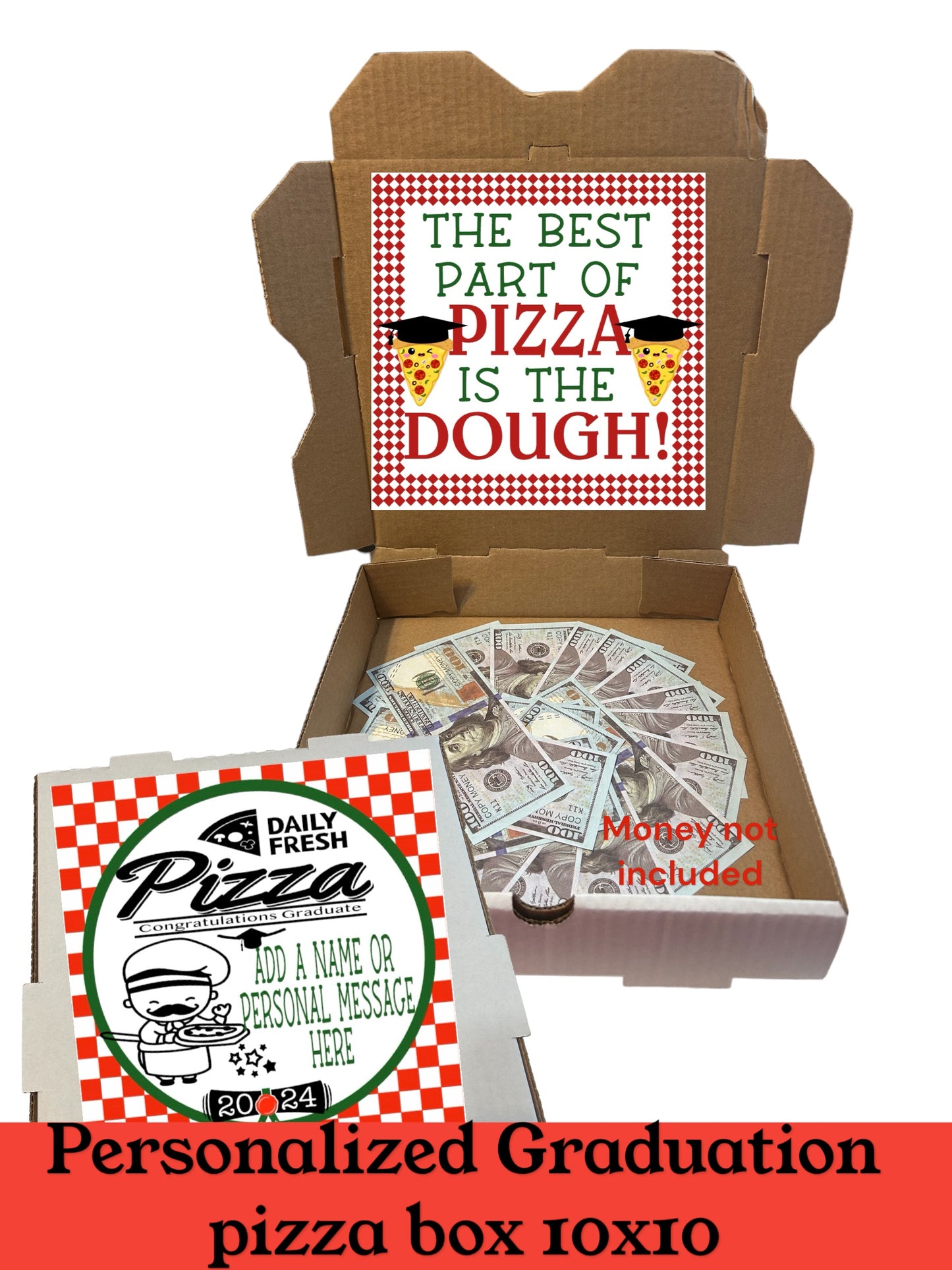 Personalized pizza box gift box -fun/creative money holder. Graduation money gift, pizza dough gift box