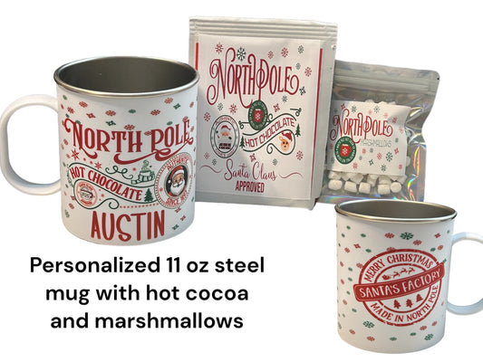 North Pole Hot Cocoa Personalized Mug Set with Marshmallows, Steel Christmas Mug set for kids, Christmas Eve mug kit from Santa