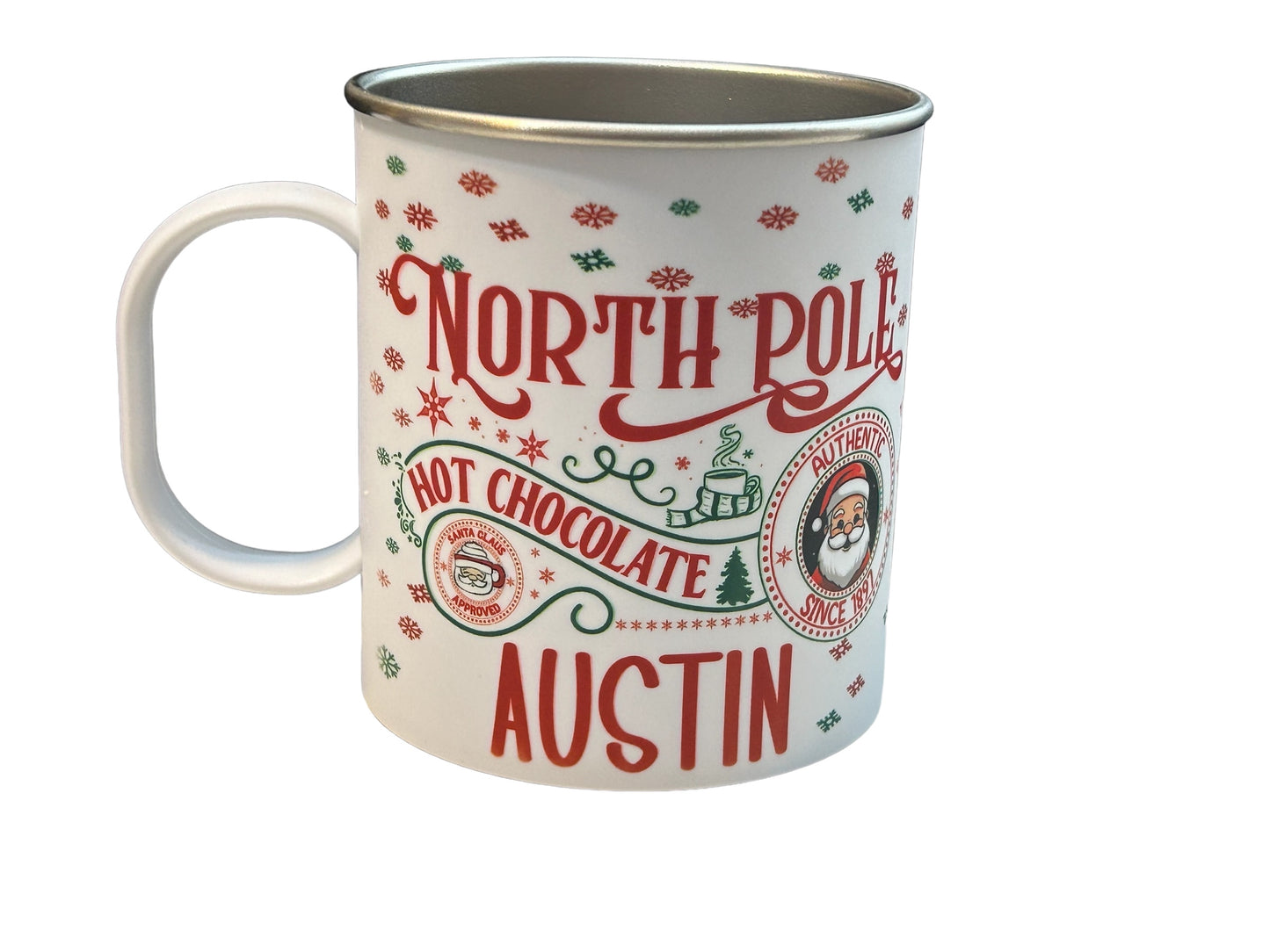 North Pole Hot Cocoa Personalized Mug Set with Marshmallows, Steel Christmas Mug set for kids, Christmas Eve mug kit from Santa