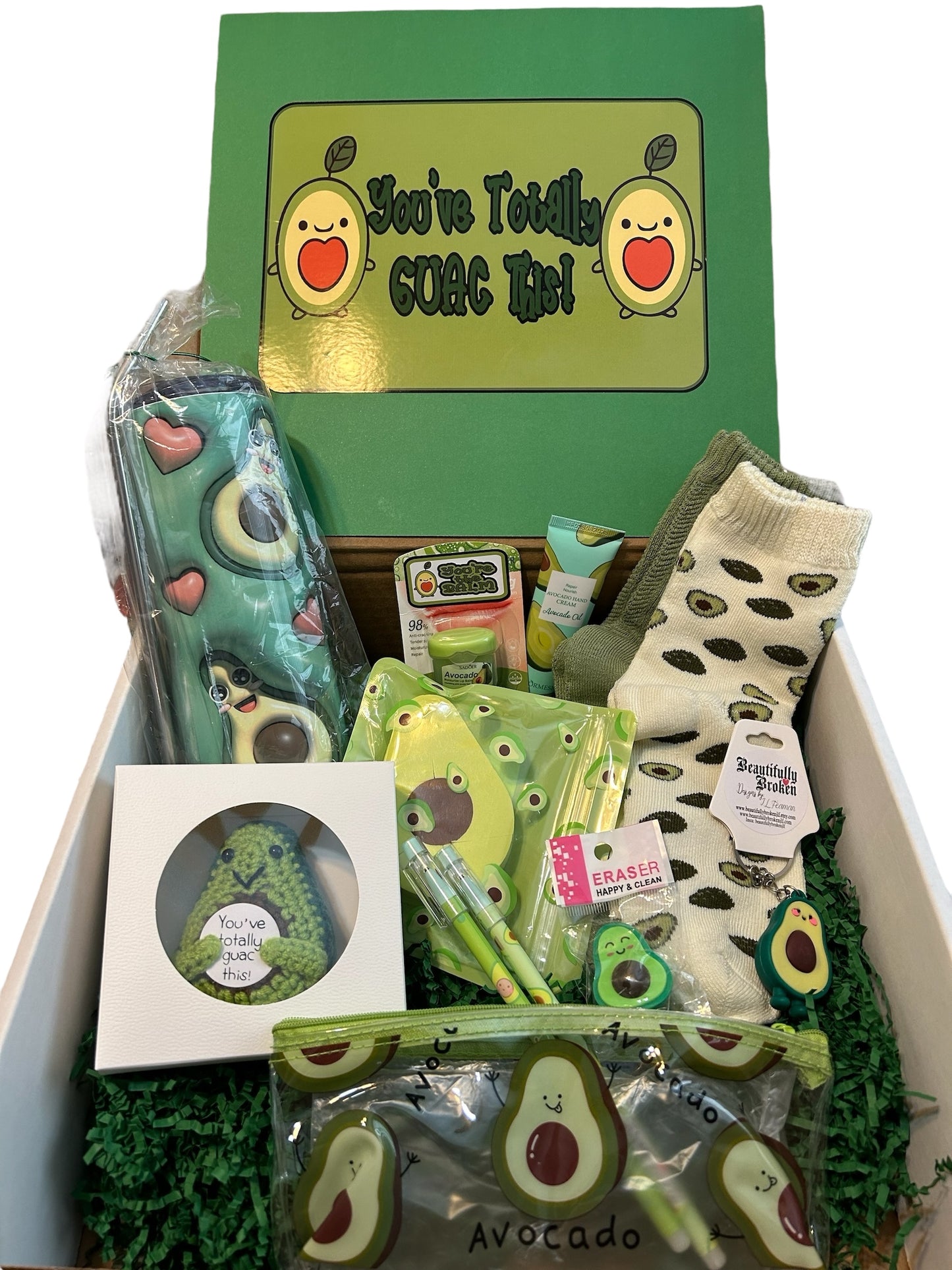 Avocado themed care package, collage care package, You've totally Guac this motivational gift set for final exams, avocado tumbler gift set,