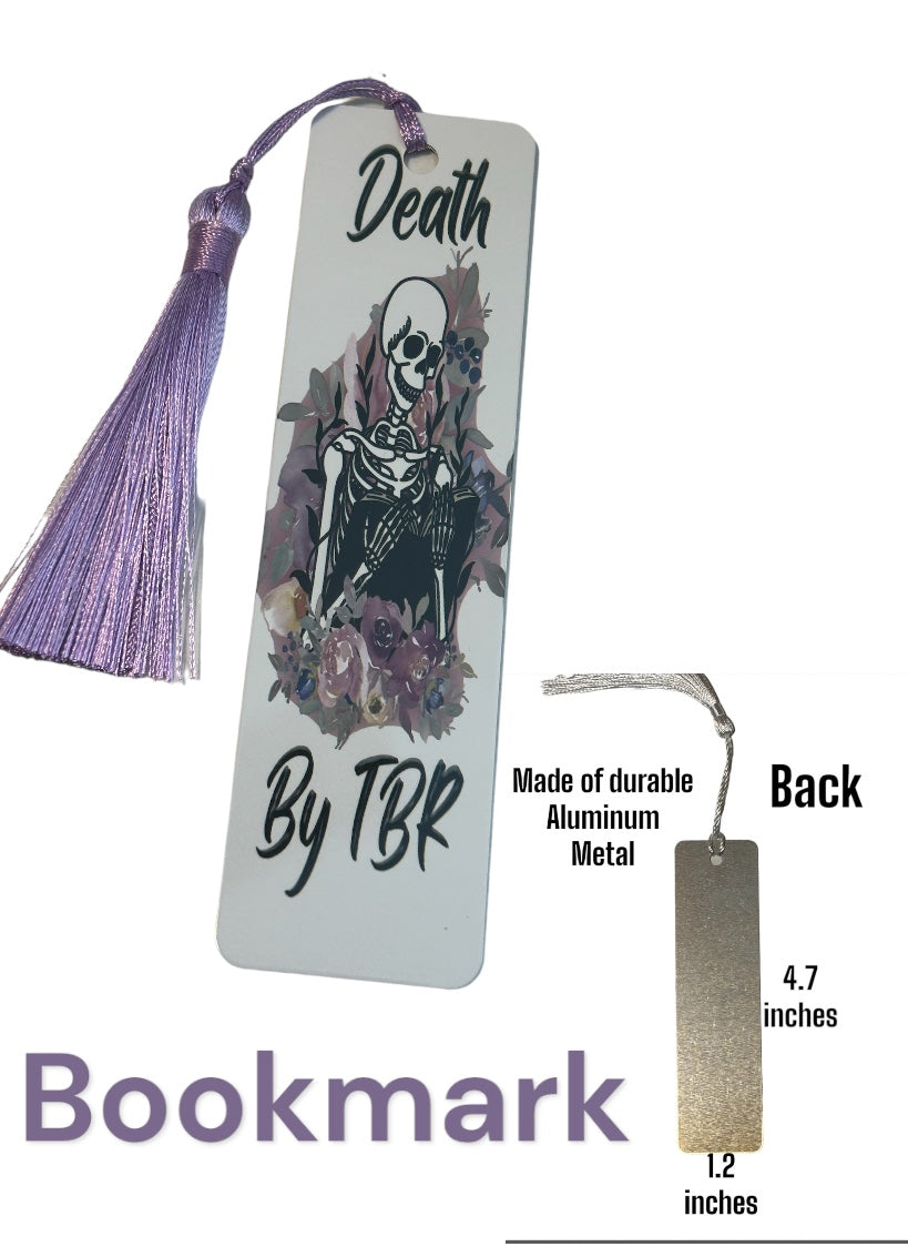 Death by TBR gift set with mug, metal bookmark, and vinyl waterproof sticker, skeleton  death by to be read readers gift set, book lovers