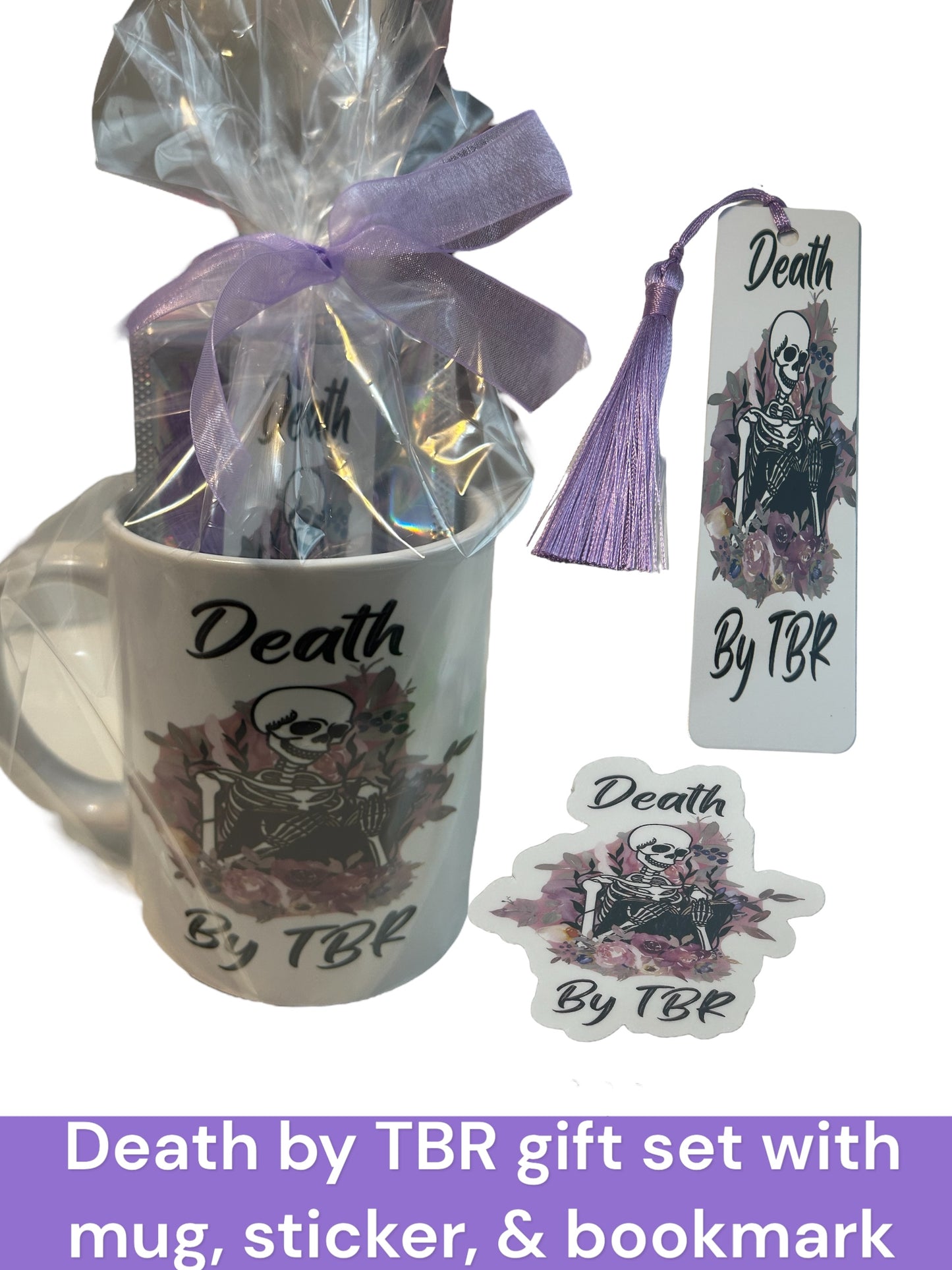 Death by TBR gift set with mug, metal bookmark, and vinyl waterproof sticker, skeleton  death by to be read readers gift set, book lovers