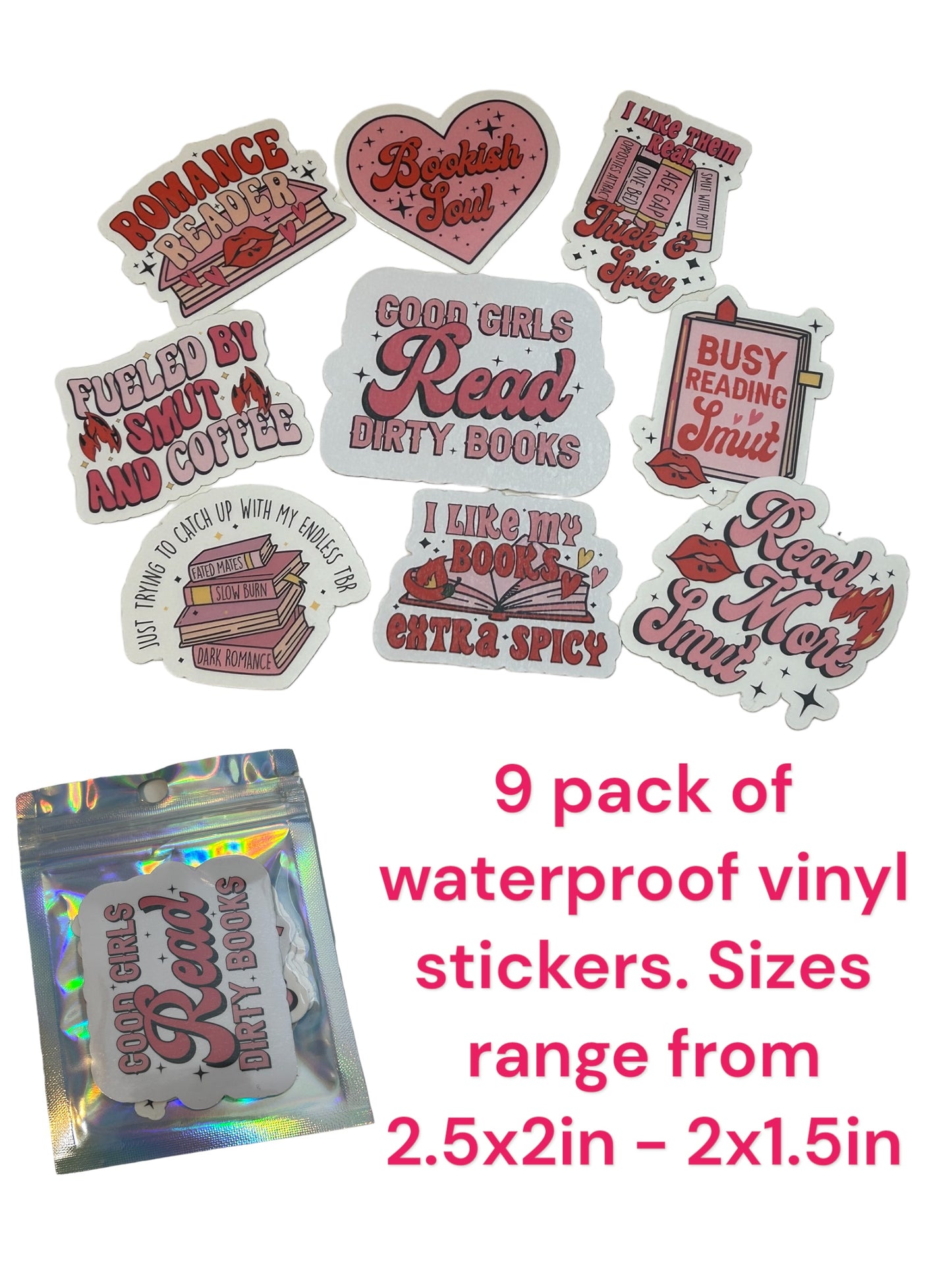 Pack of 9 Romance Book, Smut books, Dirty books, Spicy books, waterproof, vinyl stickers for laptop, e-reader, Kindle. Sold as a set