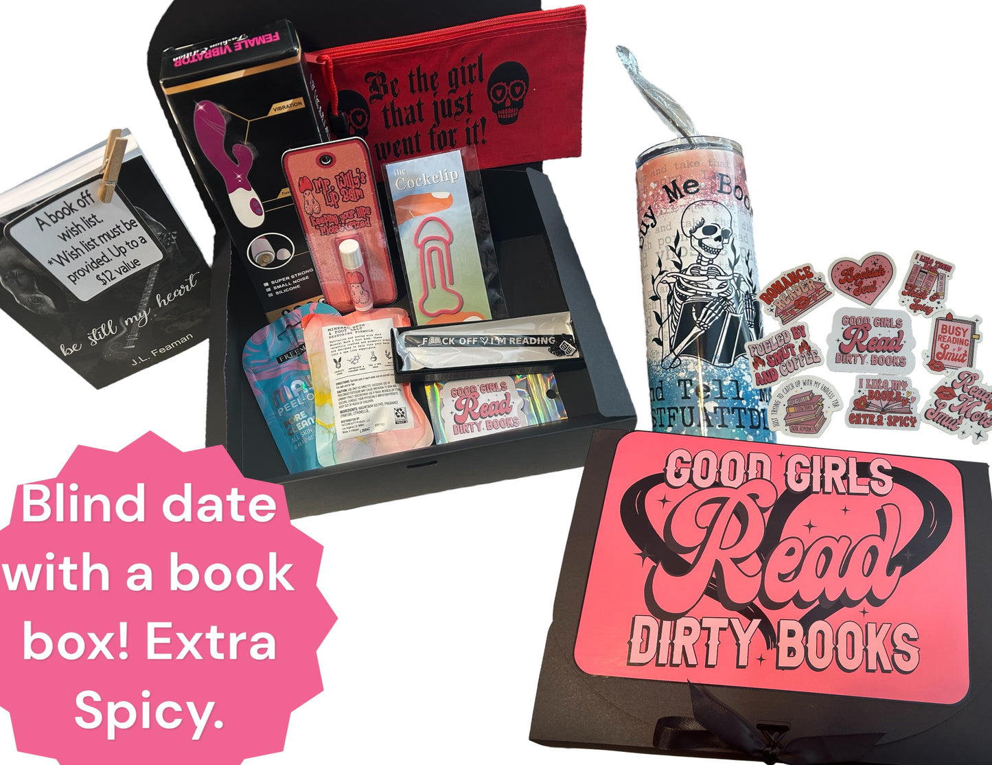 Blind date with a book - good girls read dirty books gift set, reading care package, spicy book gift set, Buy me books and tell me to STFUATTDLAGG Tumbler, sticker pack, bookmark, relax and read with happy ending