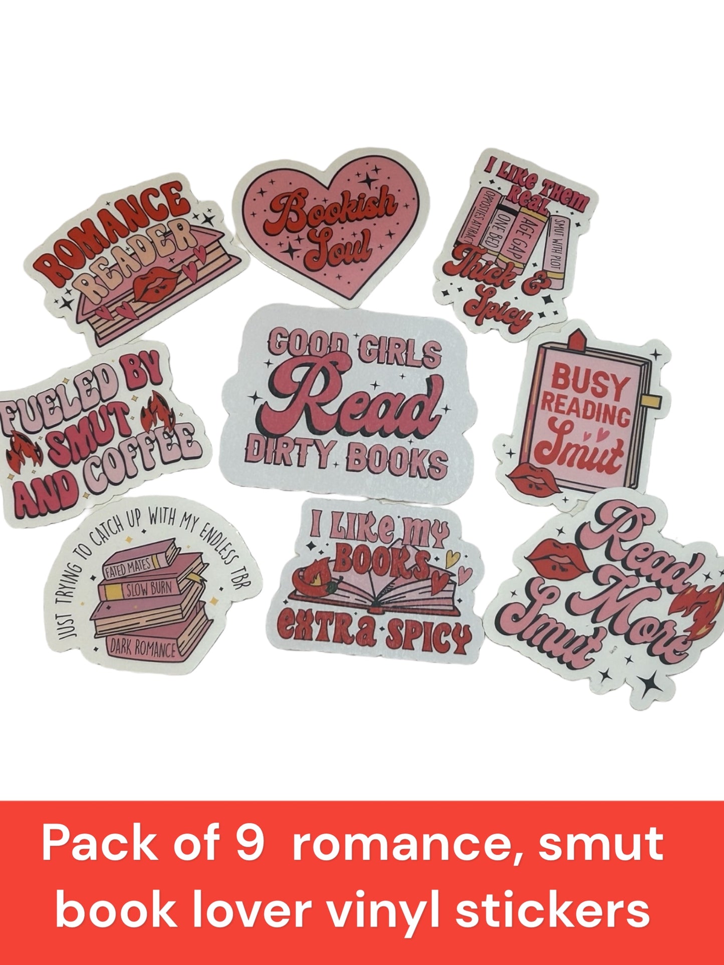 Pack of 9 Romance Book, Smut books, Dirty books, Spicy books, waterproof, vinyl stickers for laptop, e-reader, Kindle. Sold as a set