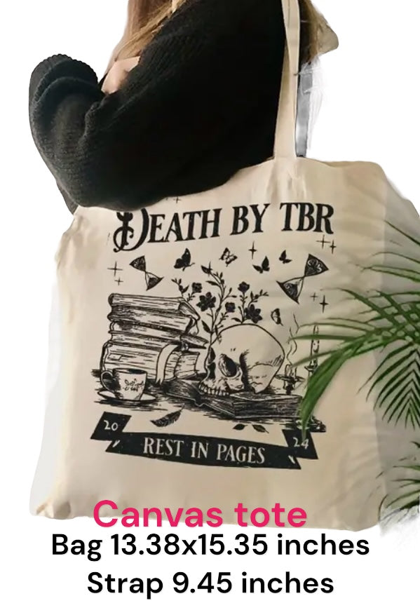 Death by TBR gift set, Death by to be read, readers care package with tote, mug, personalized reading journal, bookmark, book themed paperclips, and more! Readers gift set, skeleton themed readers care package.