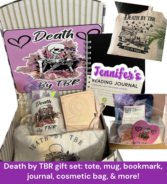 Death by TBR gift set, Death by to be read, readers care package with tote, mug, personalized reading journal, bookmark, book themed paperclips, and more! Readers gift set, skeleton themed readers care package.