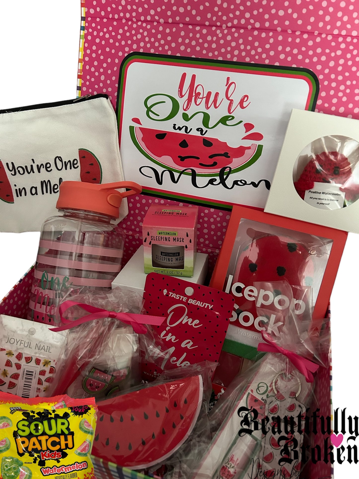 You're one in a melon care package, you're one in a melon motivational gift set, college final exam care package, watermelon themed gift set with socks, tumbler, lip balm, face masks, cosmetic bag, stationary, and more!