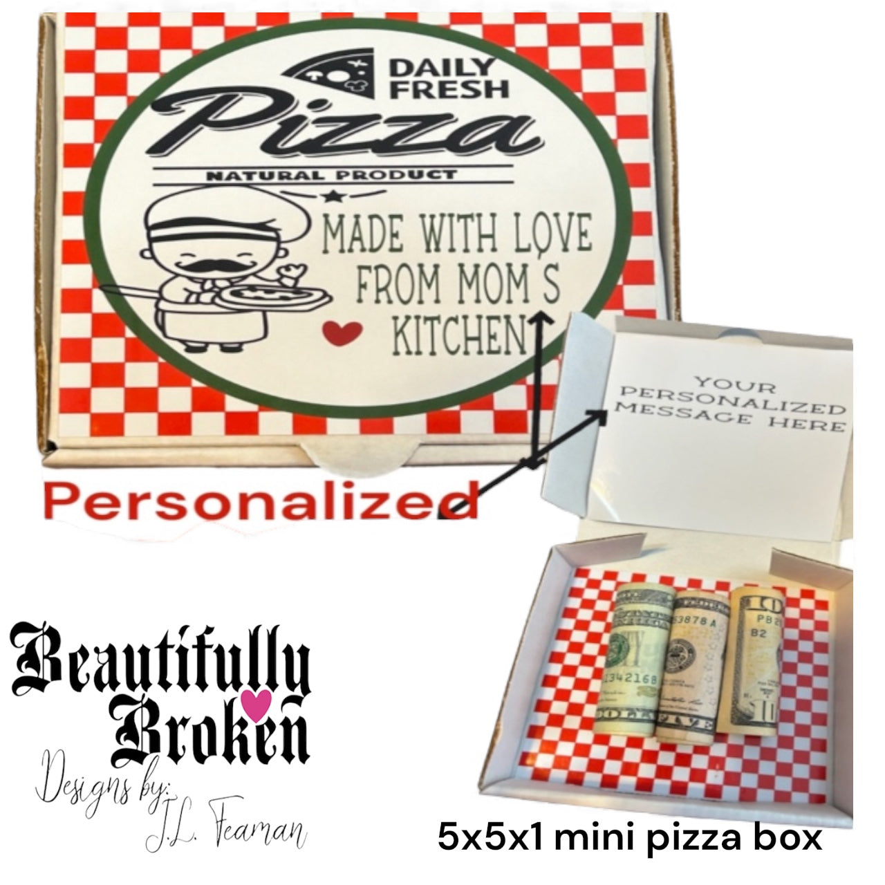 Personalized Mini pizza box gift box -fun/creative money holder. Christmas money gift, pizza cookie box, money card, care package, open when