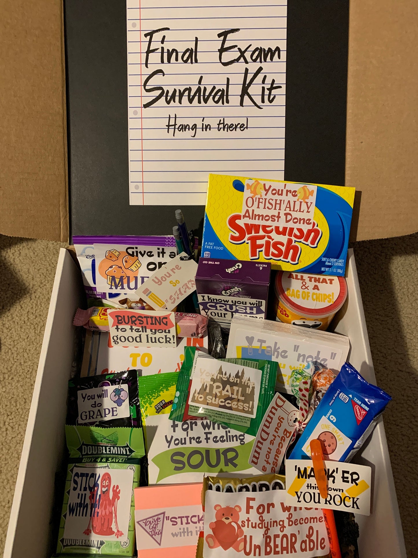 Final Exam Survival Kit College Care Package - Build your own: snacks, personalized tumbler, supplies, reusable boxes