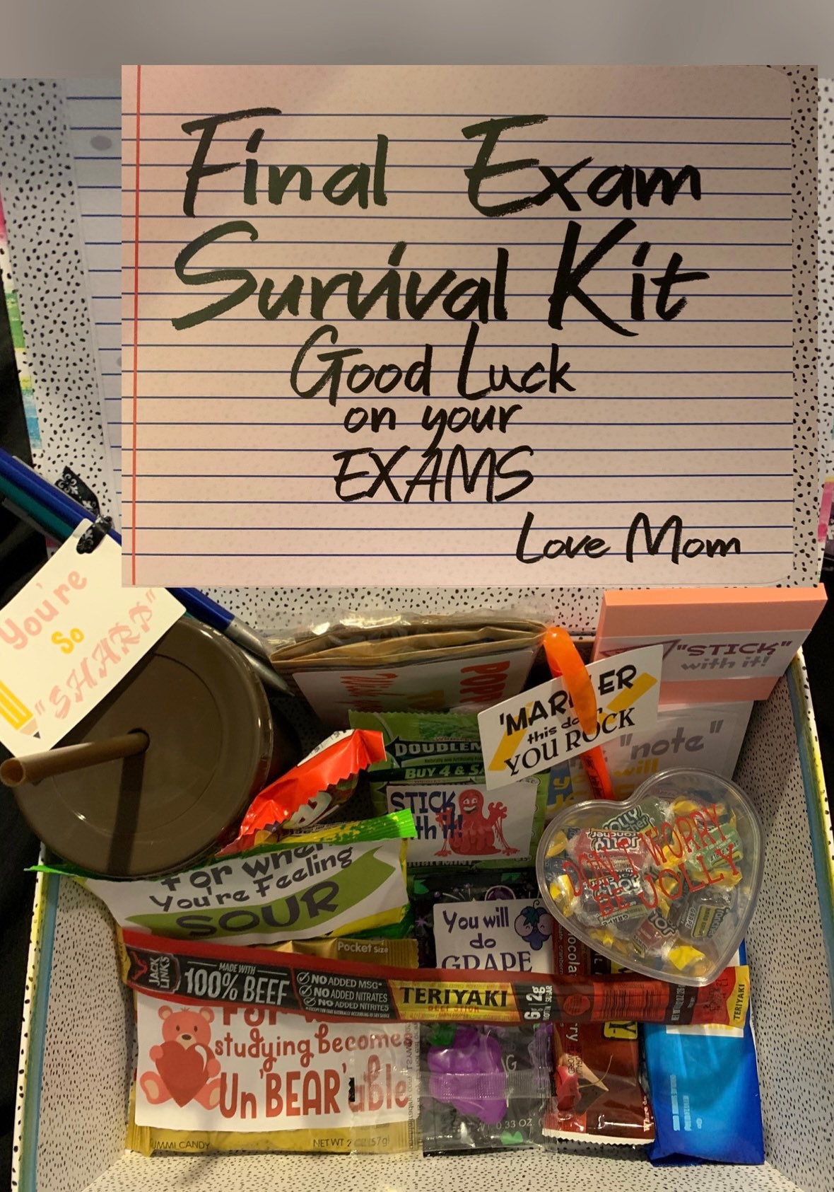 Final Exam Survival Kit College Care Package - Build your own: snacks, personalized tumbler, supplies, reusable boxes