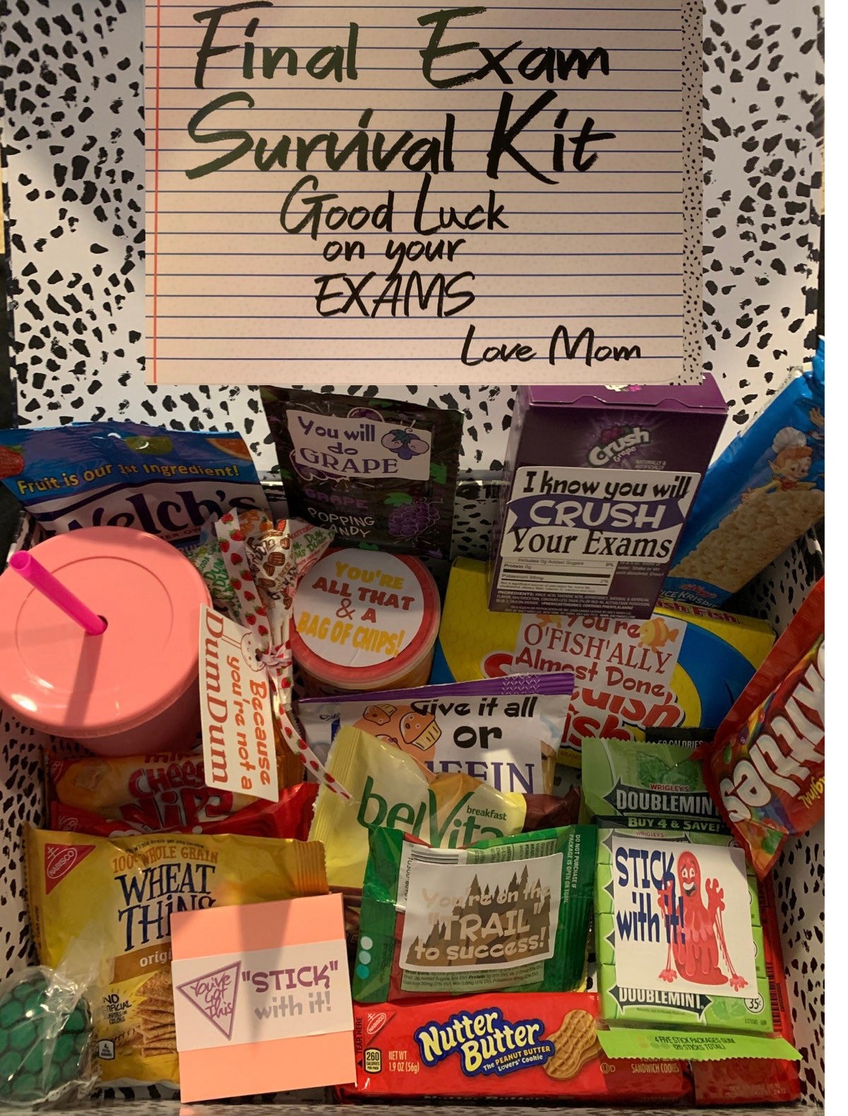 Final Exam Survival Kit College Care Package - Build your own: snacks, personalized tumbler, supplies, reusable boxes