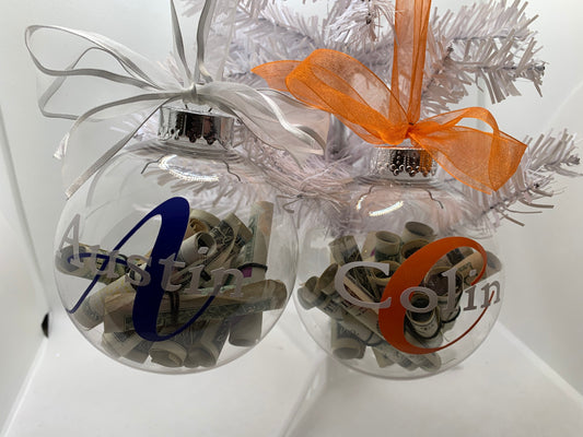 Personalized money ornament- creative way to give cash at Christmas! Money not included