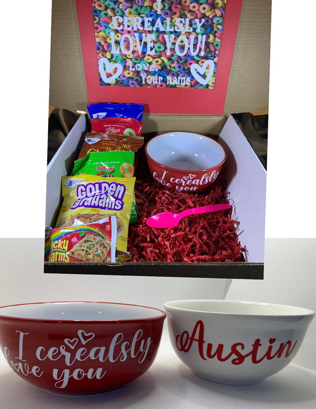 Personalized I cerealsly love you Valentines Day gift set/college care package- 2 colors to choose from. Gift box or bowl only