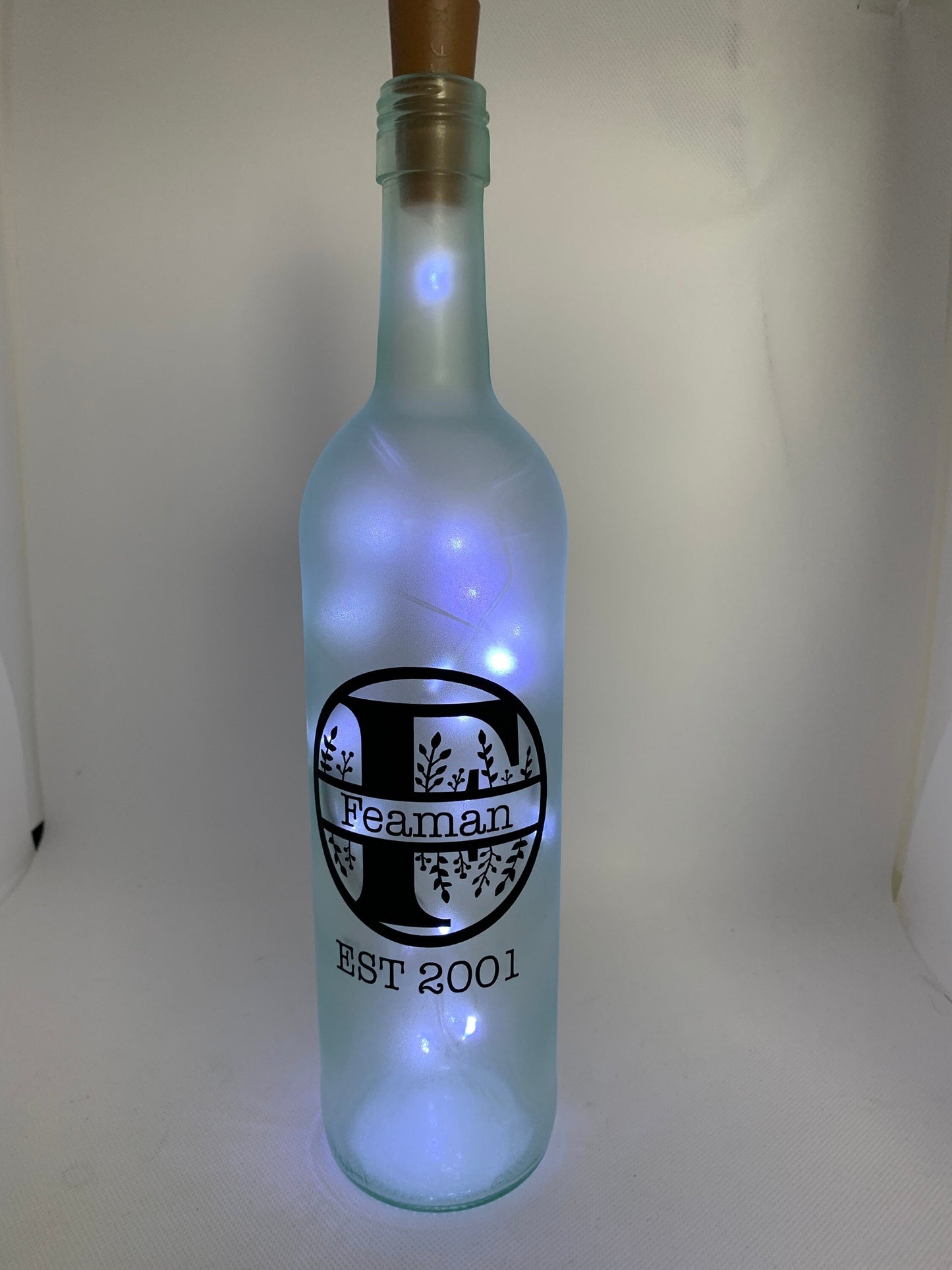 Family name light up  wine bottle party decor, keepsake, wedding centerpiece, gift