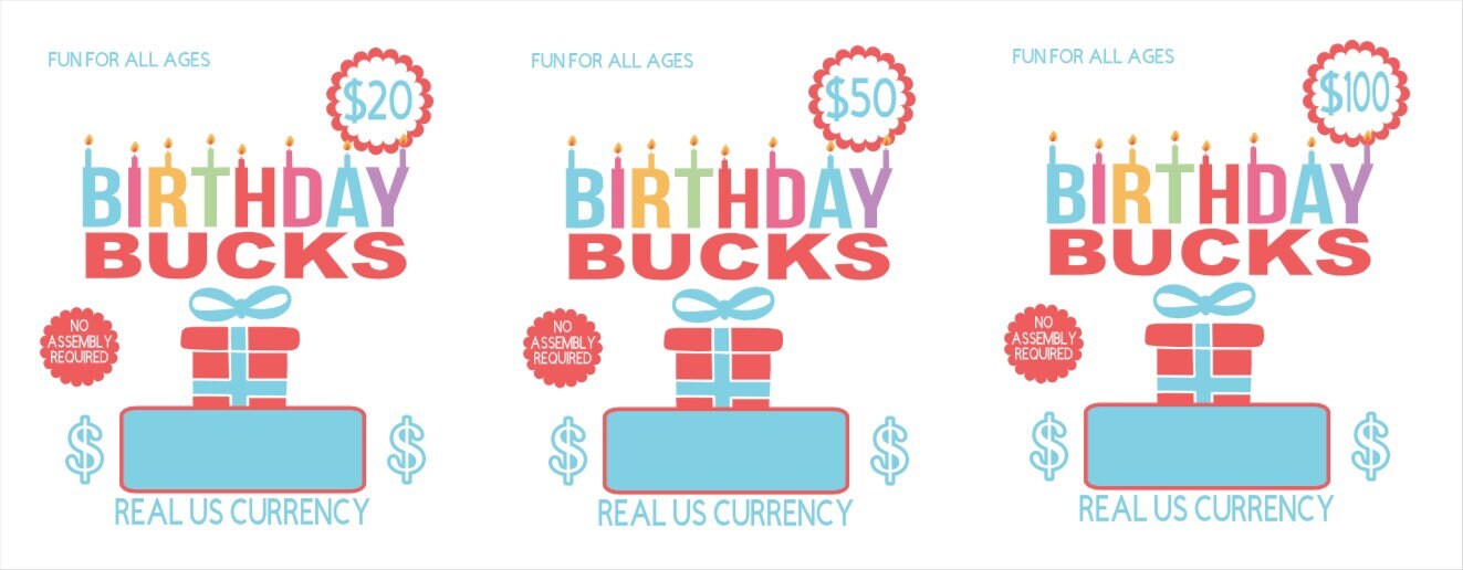 Birthday bucks - fun/creative money holder birthday gift. Money not included. Available in 20, 50, and 100 - money card