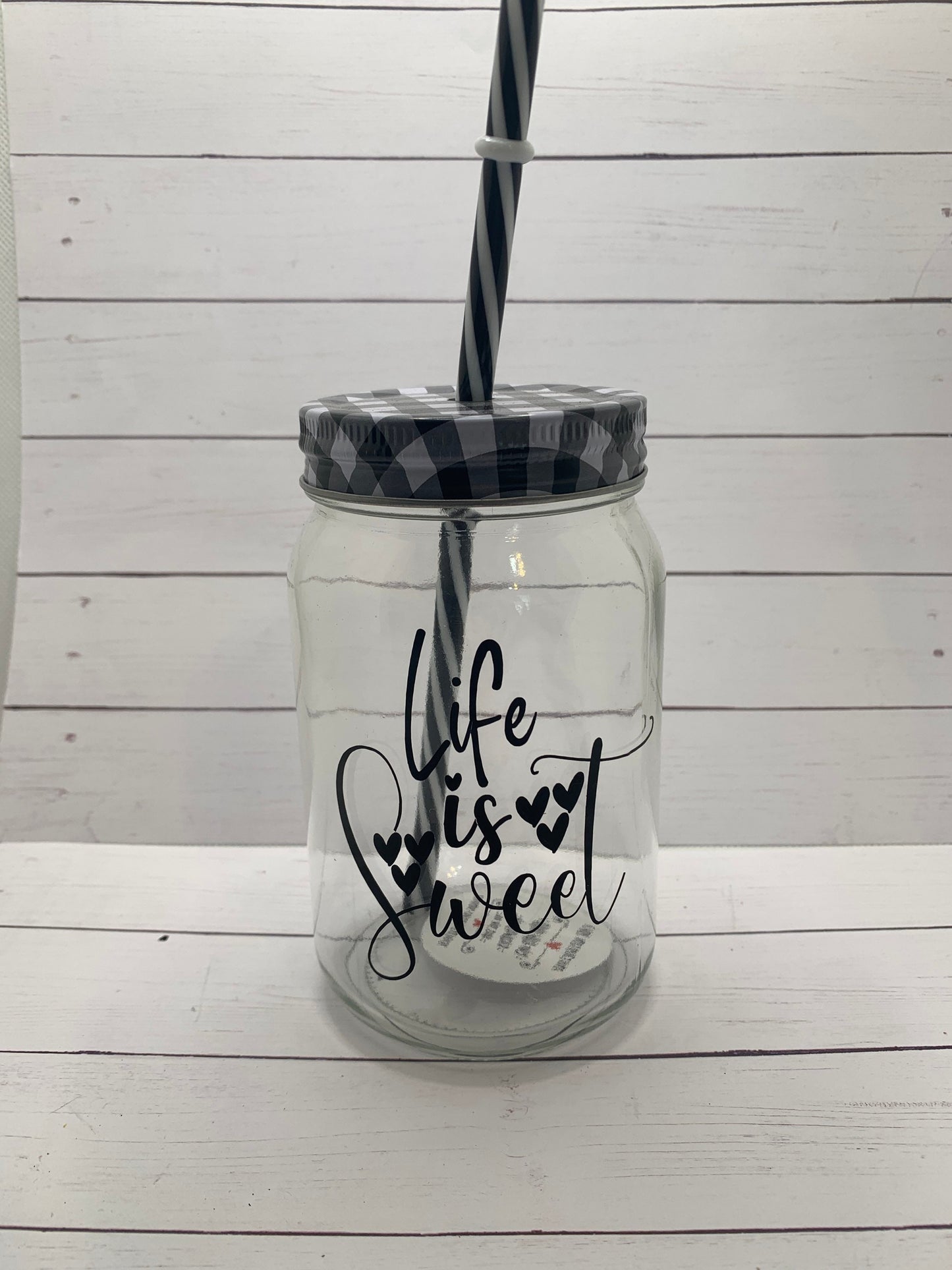 Life is sweet motivational glass/ tumbler with straw. Black, white, and clear