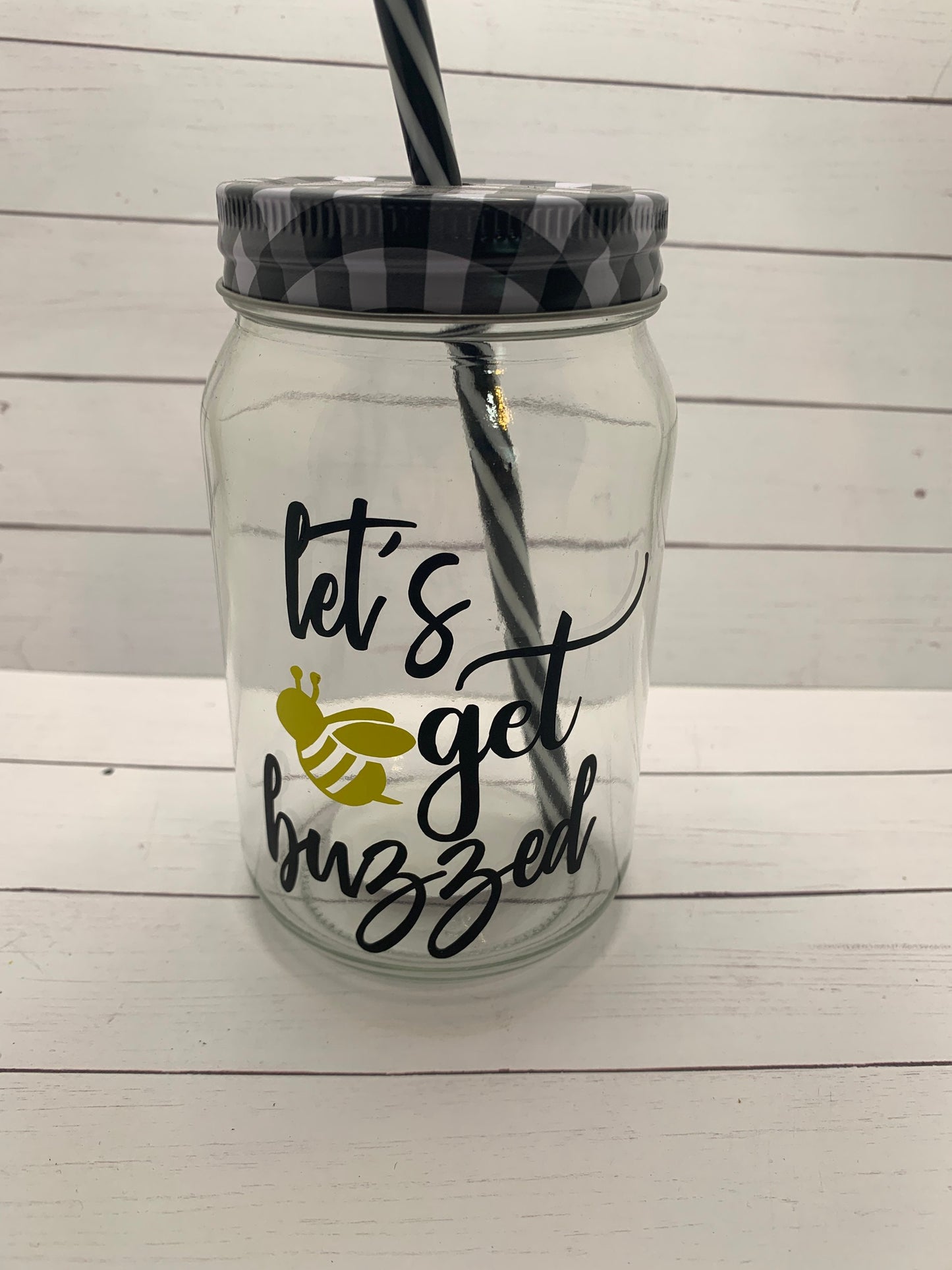 Let’s get buzzed- bee themed drinking glass/ tumbler with straw. Black, white, and clear