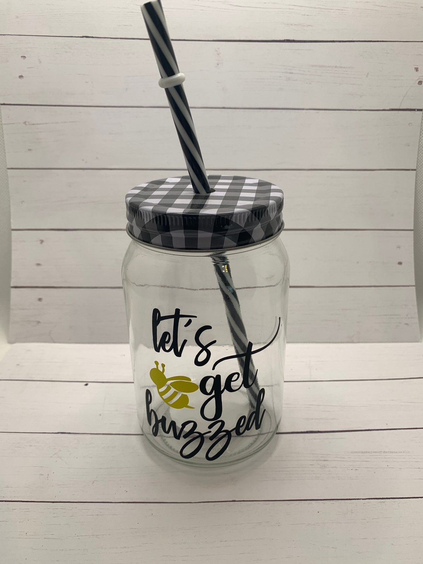 Let’s get buzzed- bee themed drinking glass/ tumbler with straw. Black, white, and clear