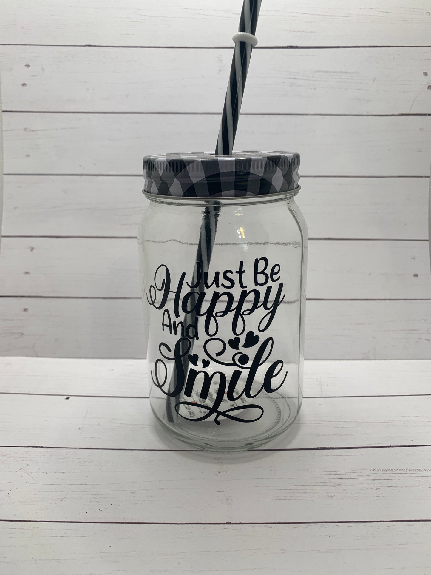 Just be happy and smile motivational glass/ tumbler with straw. Black, white, and clear