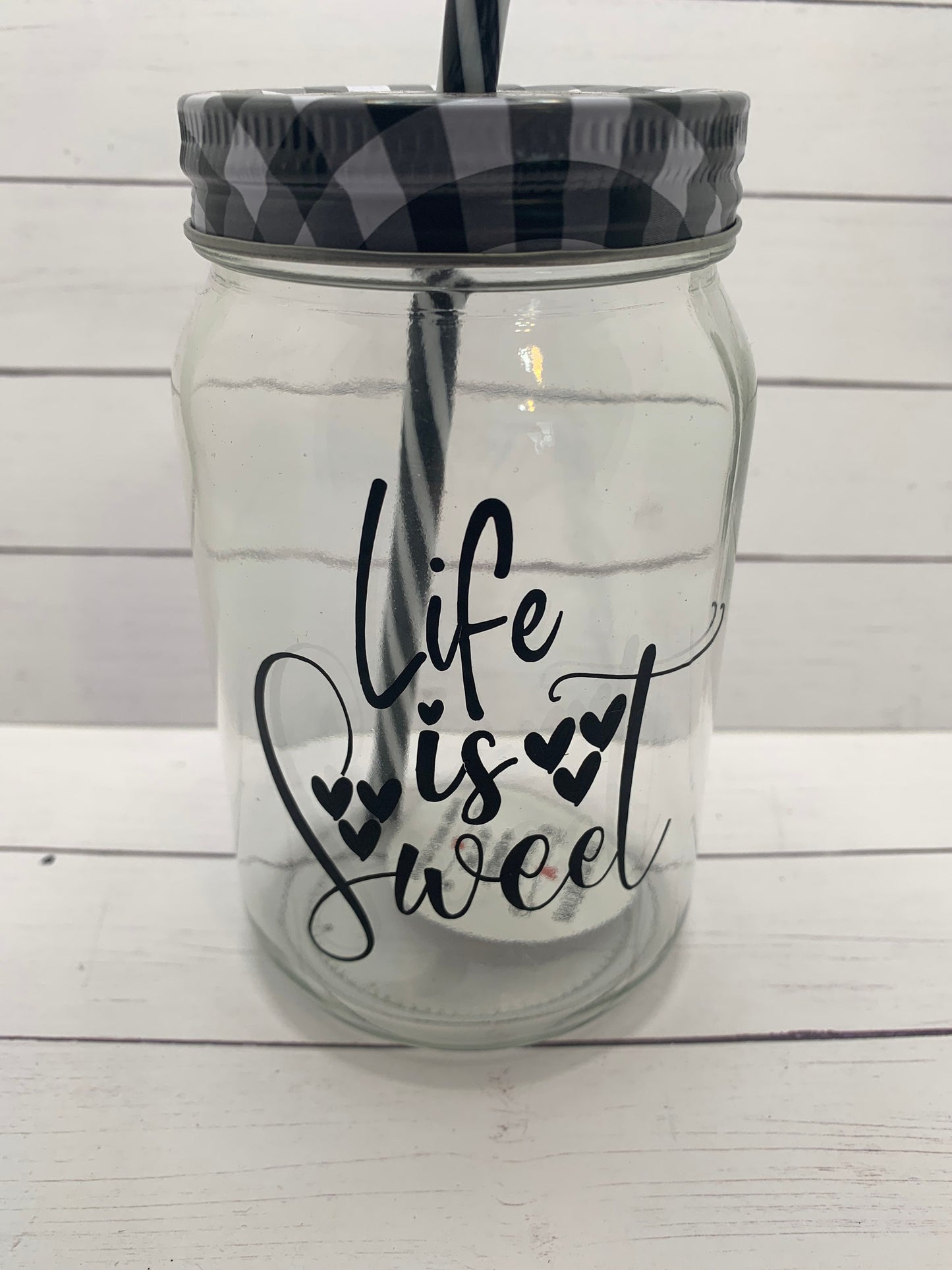 Life is sweet motivational glass/ tumbler with straw. Black, white, and clear