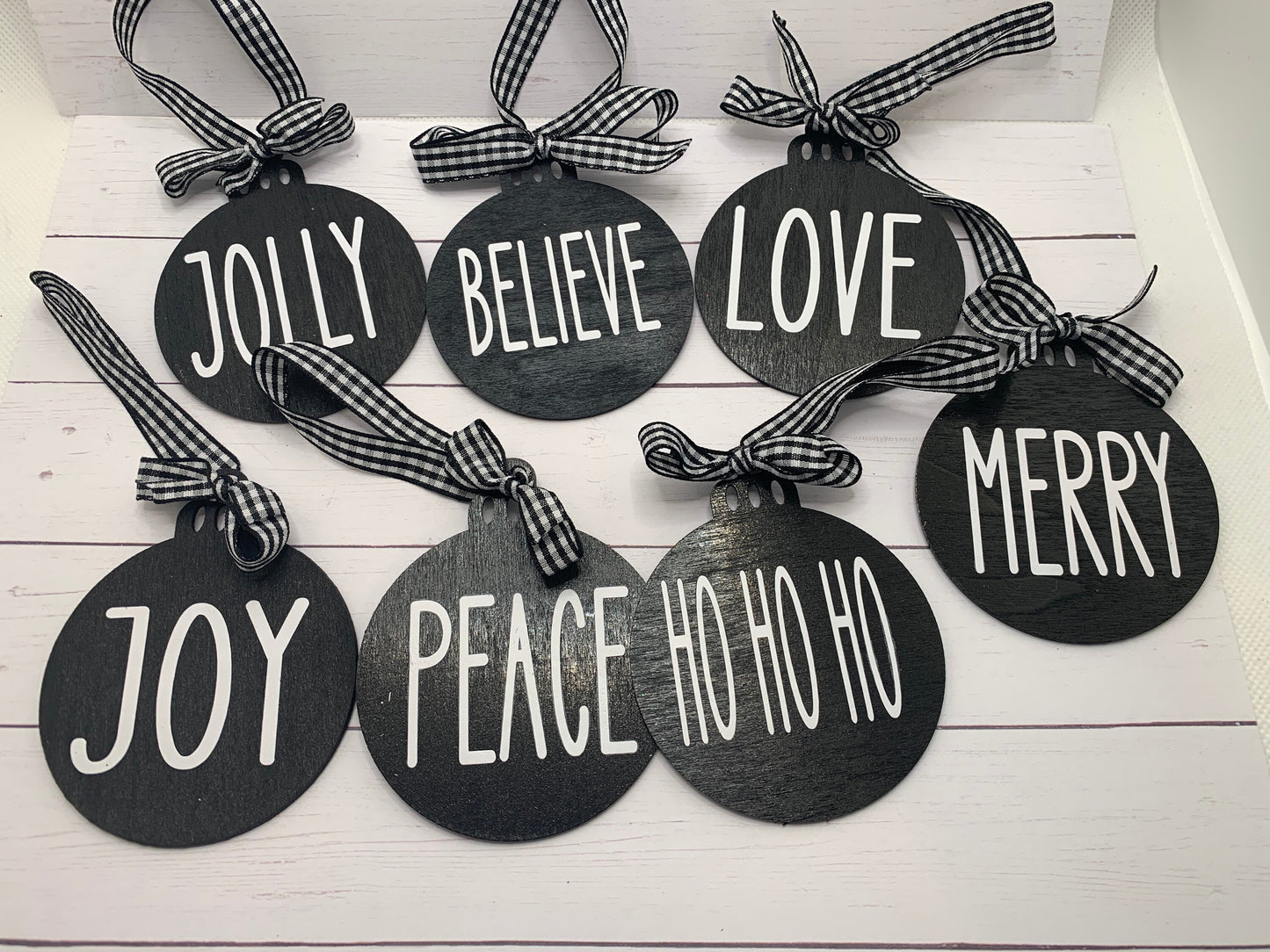 Wooden Christmas ornaments- Black and white with buffalo plaid hanging ribbon - 7 to choose from