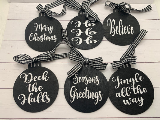 Wooden Christmas ornaments- Black and white with buffalo plaid hanging ribbon - 6 to choose from