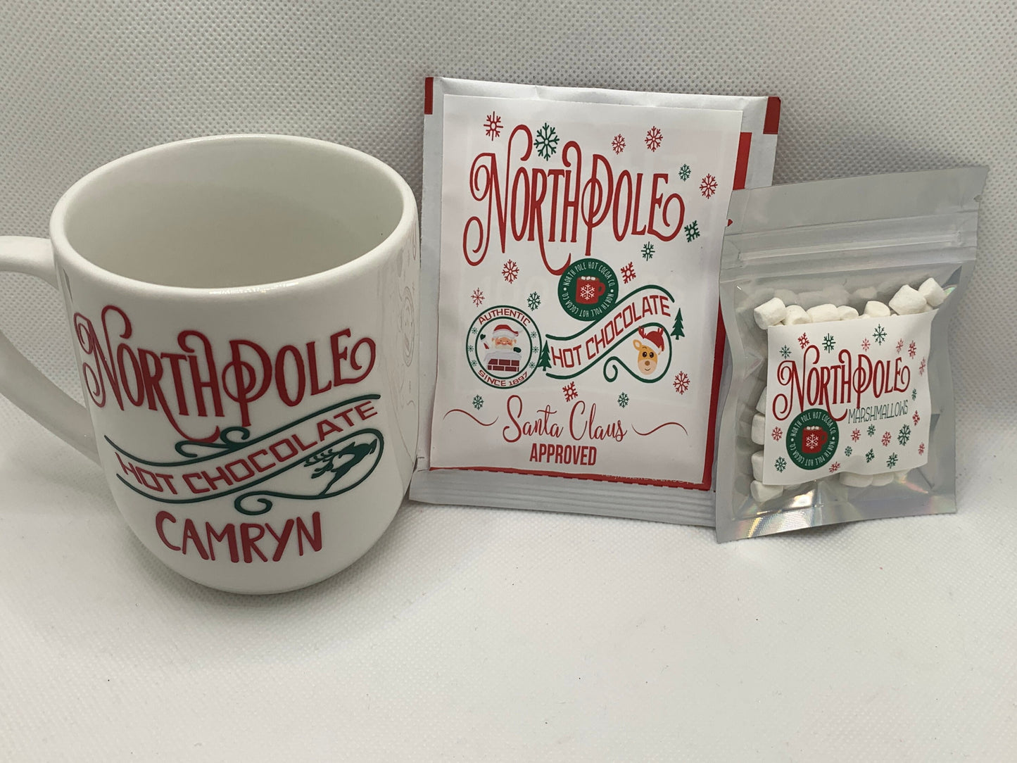 Personalized Santa North Pole Hot Cocoa Mug Kit - refill options available- hot chocolate, marshmallows, gifts from Santa