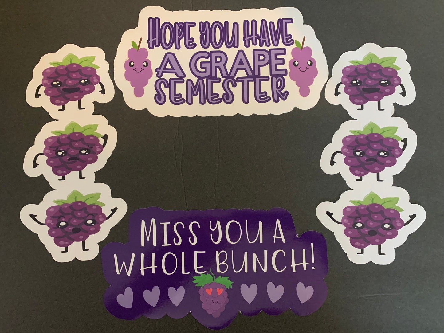 Grape/purple themed care package box decor/stickers/labels - hope you have a grape semester, miss you a whole bunch