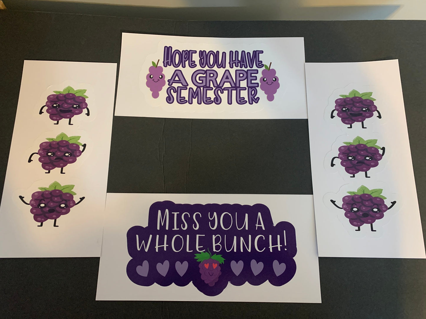 Grape/purple themed care package box decor/stickers/labels - hope you have a grape semester, miss you a whole bunch