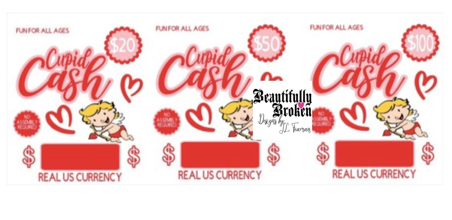 Cupid Cash - fun/creative money holder Valentine’s Day gift. Money not included. Available in 20, 50, and 100 - money card