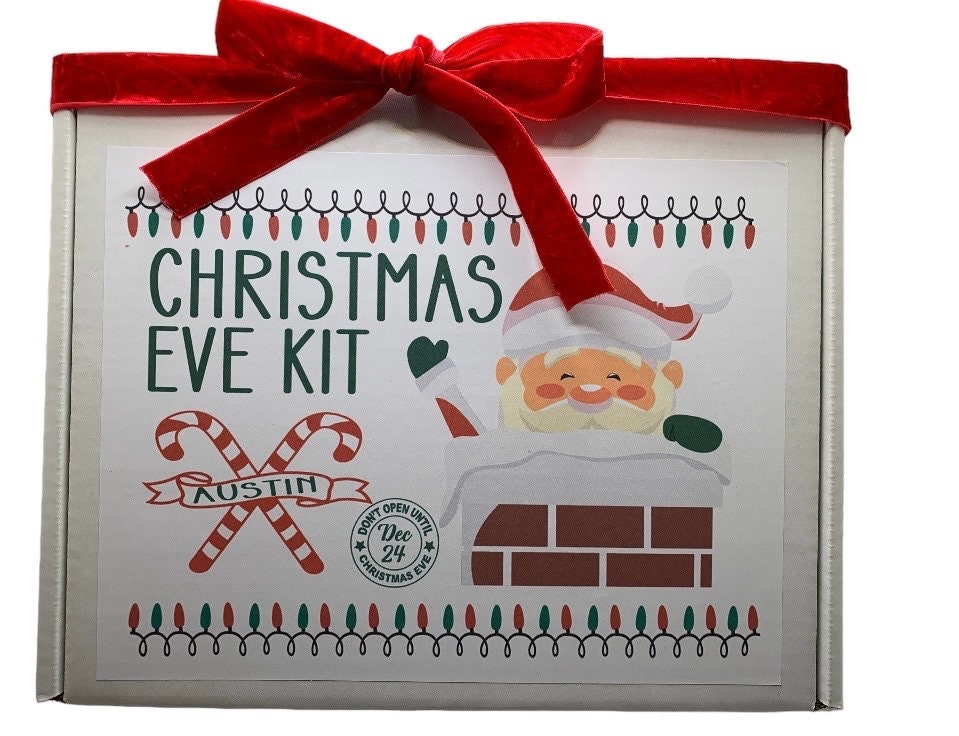 Personalized Christmas Eve Kit. Several Options-Milk & Cookies, Hot Cocoa Mug Set, Reindeer Food/Dust, Activities, Book, Stuffed Moose, toys