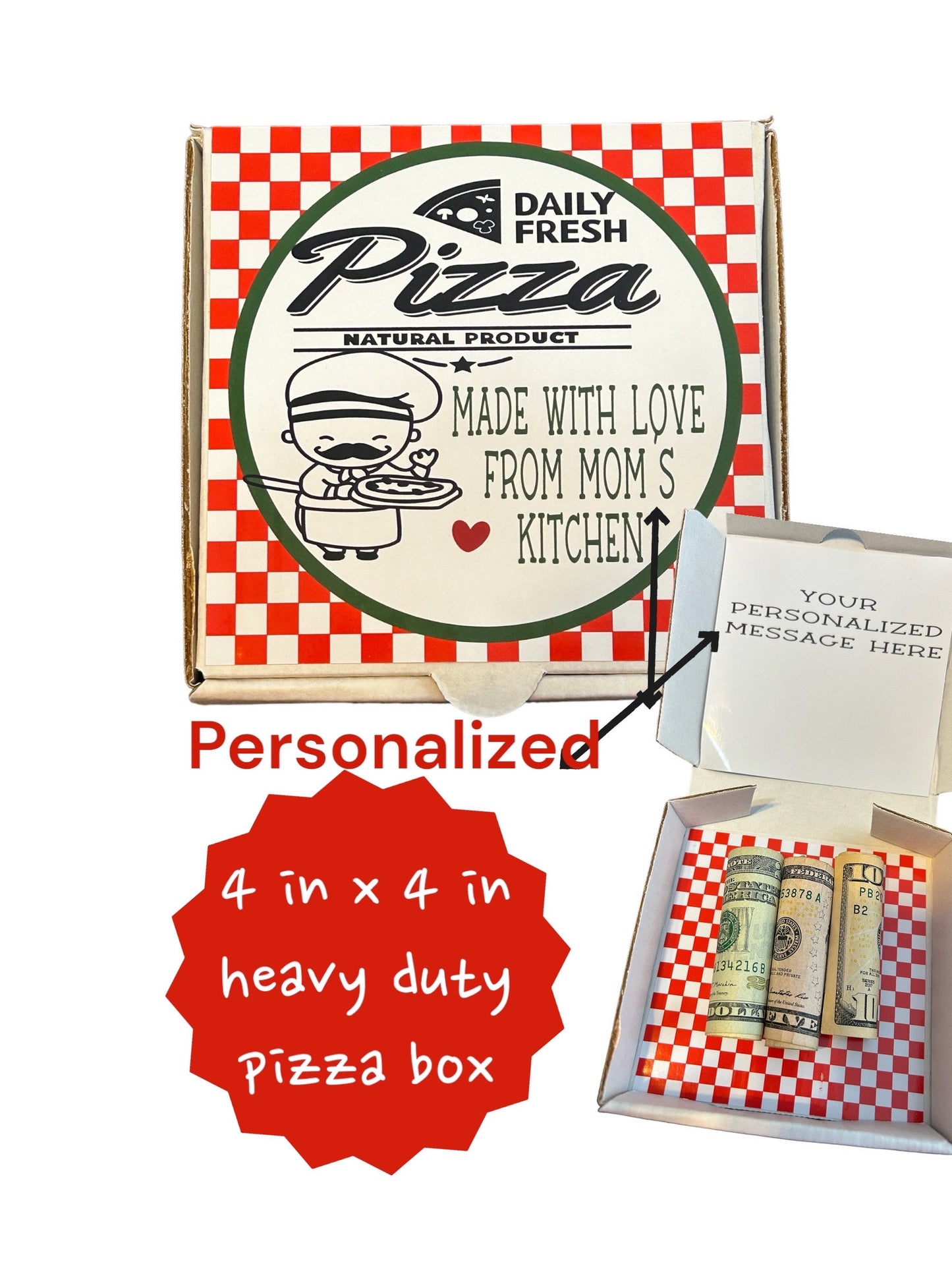 Personalized Mini pizza box gift box -fun/creative money holder. Christmas money gift, pizza cookie box, money card, care package, open when