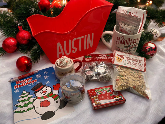 Personalized Christmas Eve Kit/ Santa sleigh gift set with Hot Cocoa Mug Set, Reindeer Food, Activities, elf kisses, Santa mug ornament