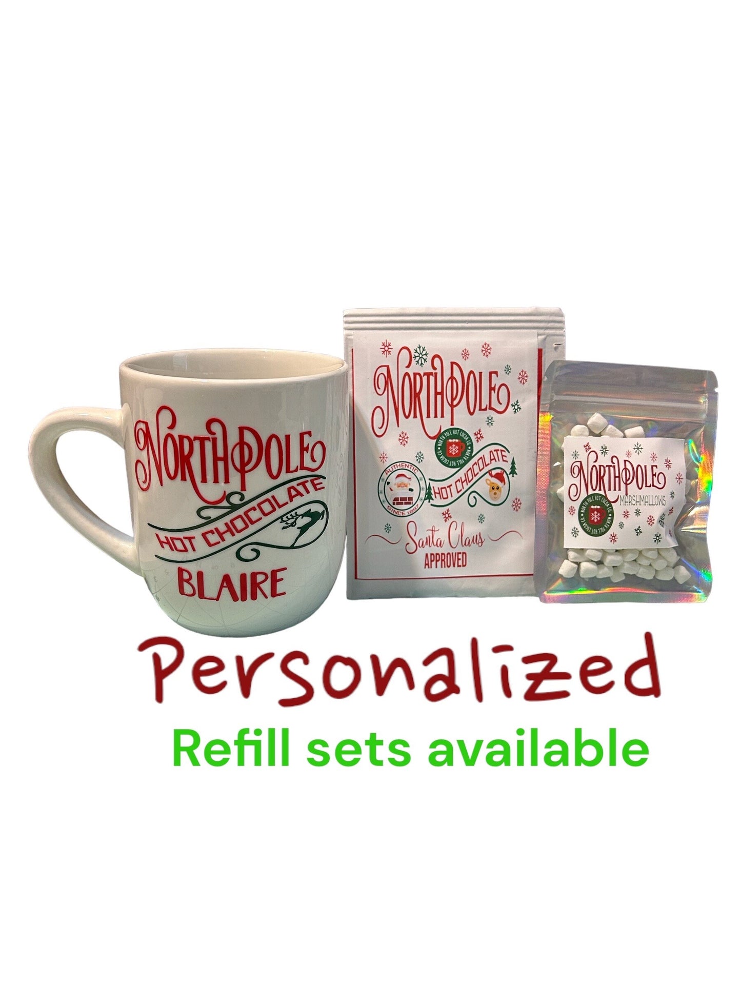 Personalized Santa North Pole Hot Cocoa Mug Kit - refill options available- hot chocolate, marshmallows, gifts from Santa