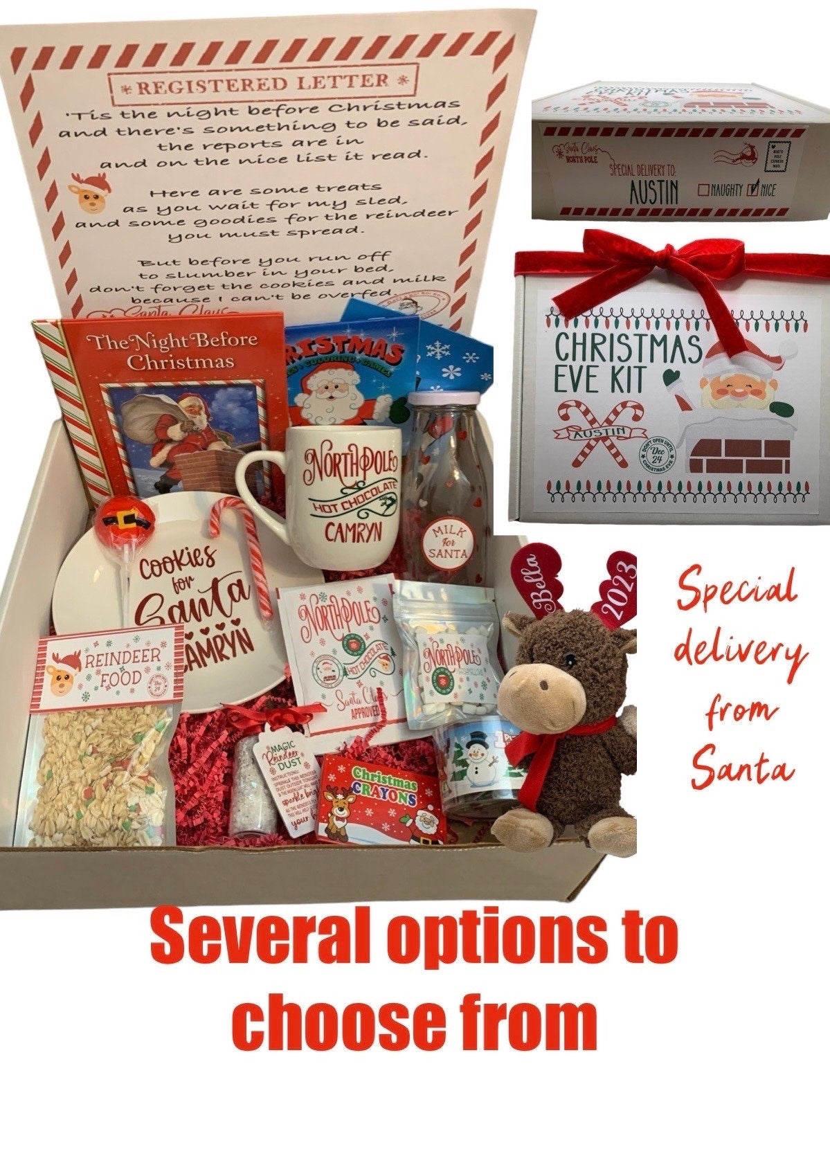 Personalized Christmas Eve Kit. Several Options-Milk & Cookies, Hot Cocoa Mug Set, Reindeer Food/Dust, Activities, Book, Stuffed Moose, toys