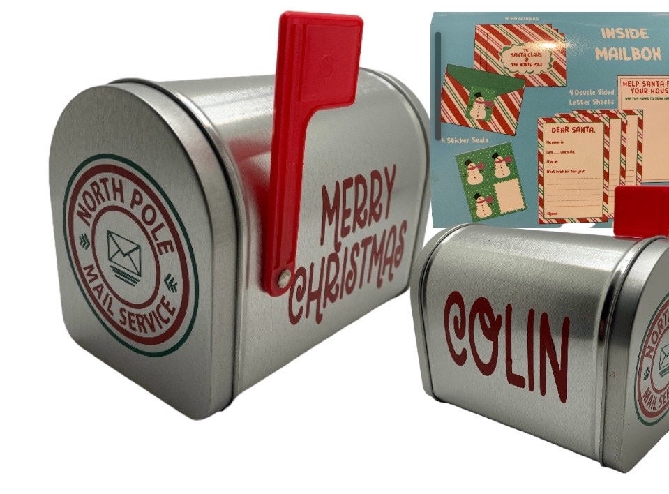 Personalized Christmas North Pole Santa mailbox with letter sheets, envelopes, & stickers.