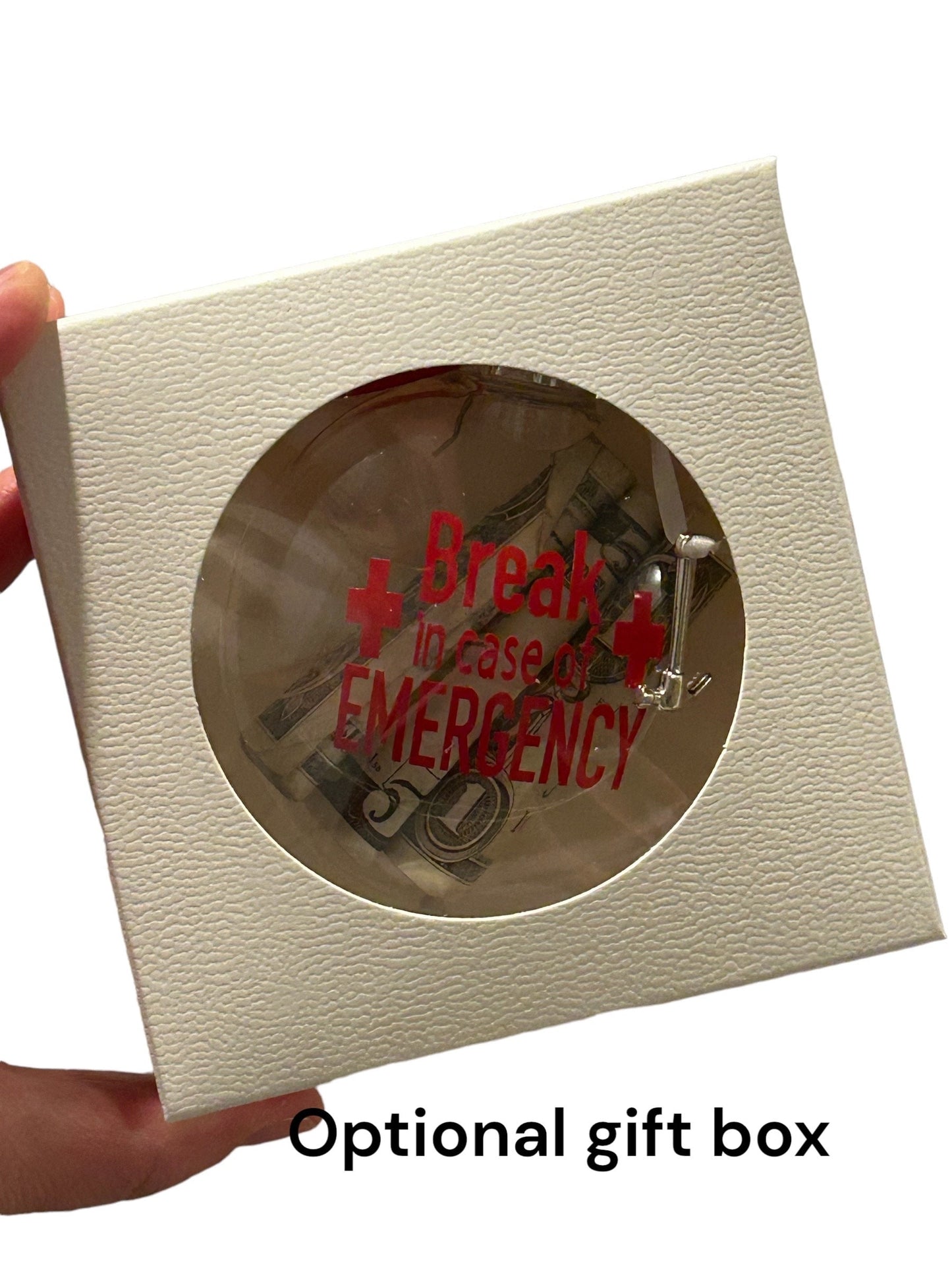 Break in case of emergency ornament with novelty hammer. Plastic money ornament, money gift, Money not included