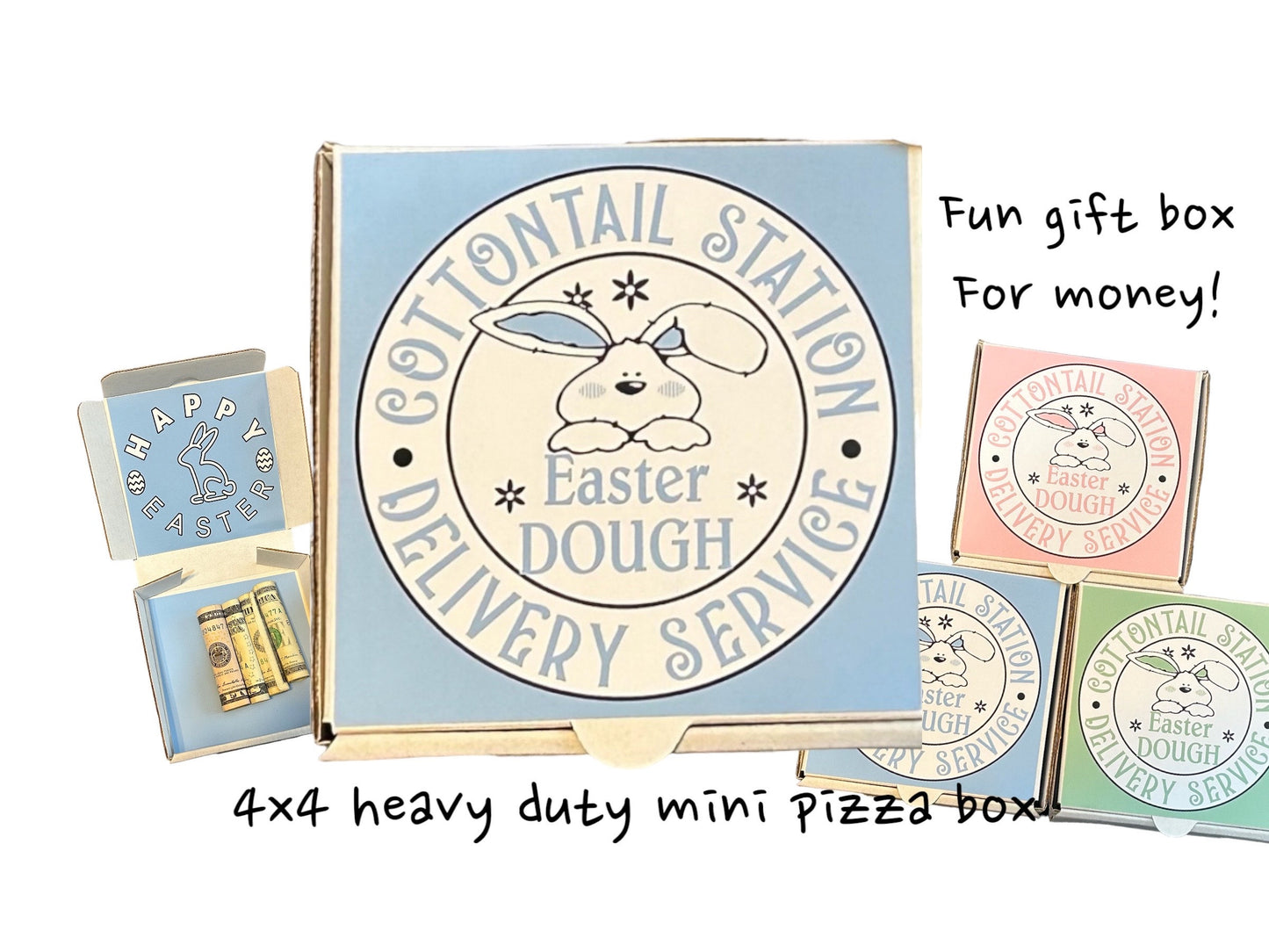 Easter money mini pizza box, Easter Dough, Cottontail Station Delivery, fun/creative money holder Easter gift. Money not included.