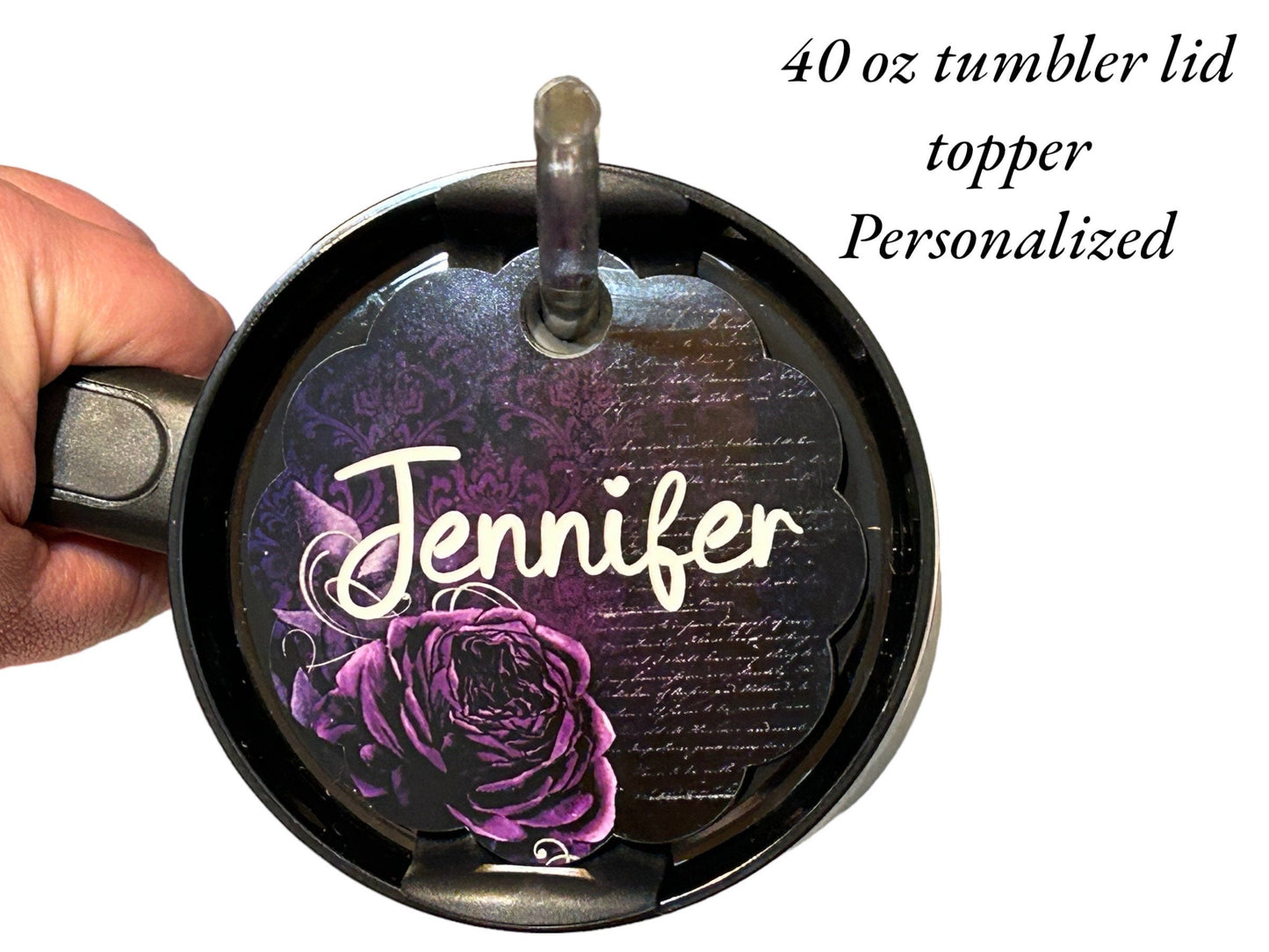 Personalized name plate tumbler topper, 40 oz lid topper, heart design, purple roses, gothic