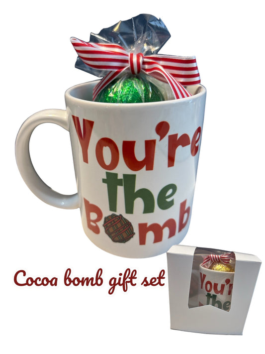 You’re the Bomb mug gift set. 3 flavor bombs to choose from. Choose from mug only or mug with cocoa bomb- Christmas gift