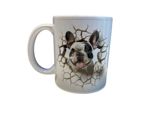 French Bulldog, funny, 11 oz coffee mug, Frenchie breaking through mug, dog lover